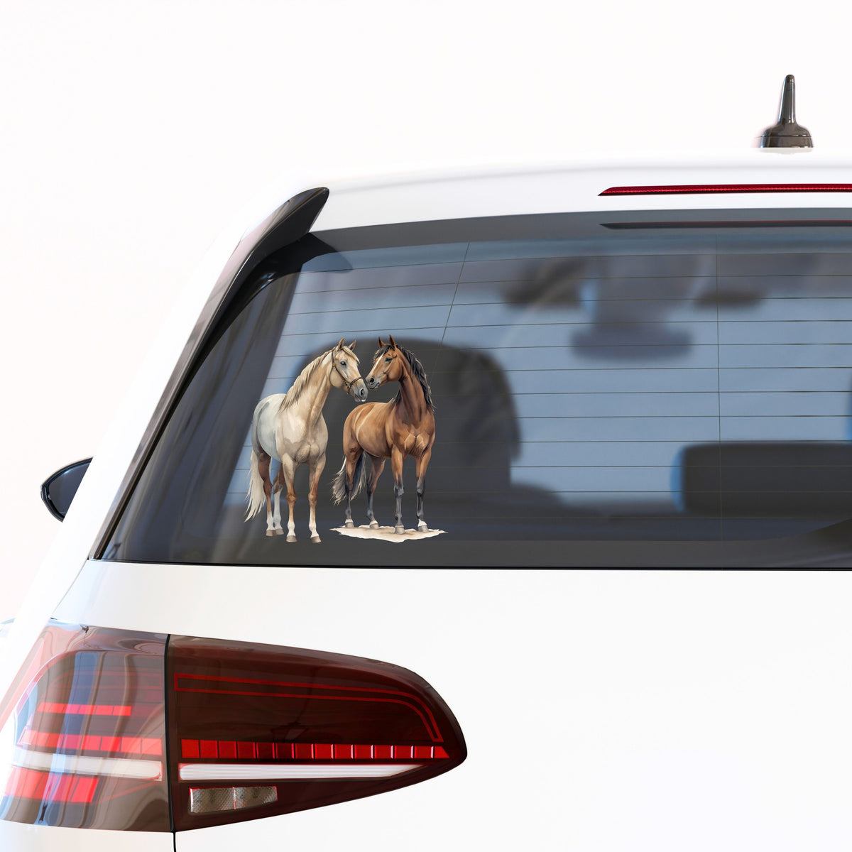 Two Horses Touching Noses UV DTF sticker applied to the rear window of a white car