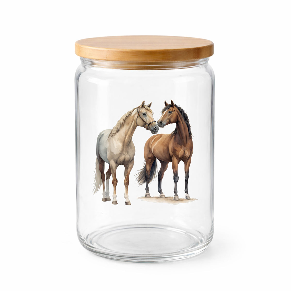 Two Horses Touching Noses UV DTF sticker applied to a clear glass jar with a wooden lid