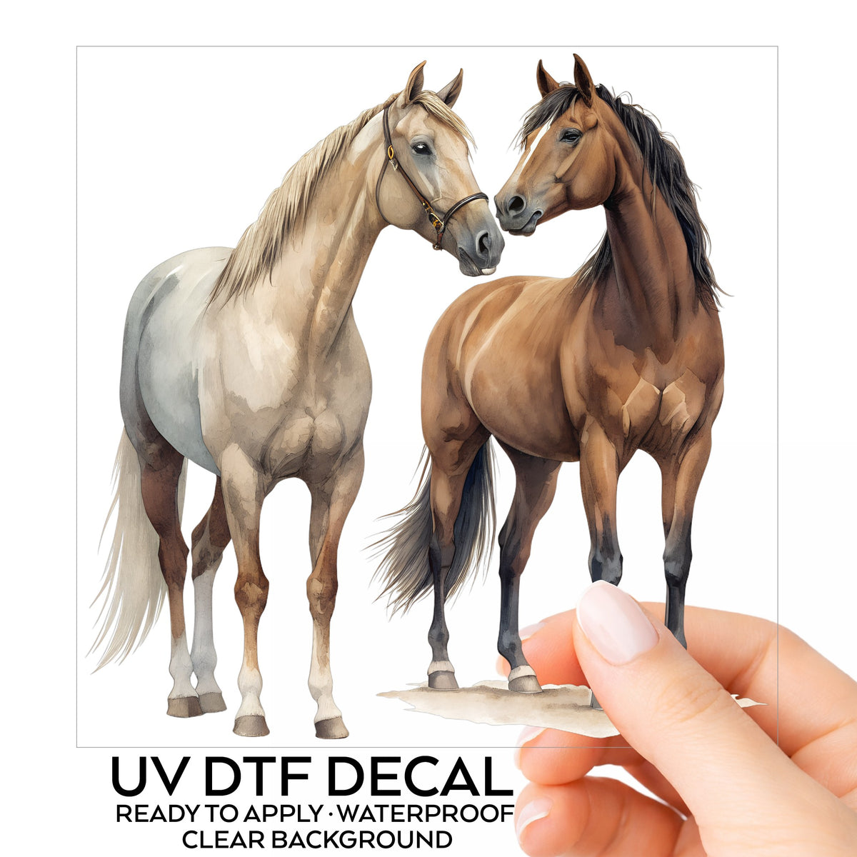 Two Horses Touching Noses UV DTF sticker on its backing card, held in hand