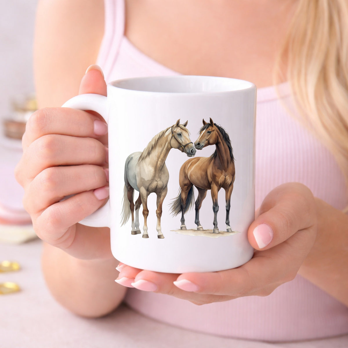Two Horses Touching Noses UV DTF sticker applied to a white coffee mug held in both hands