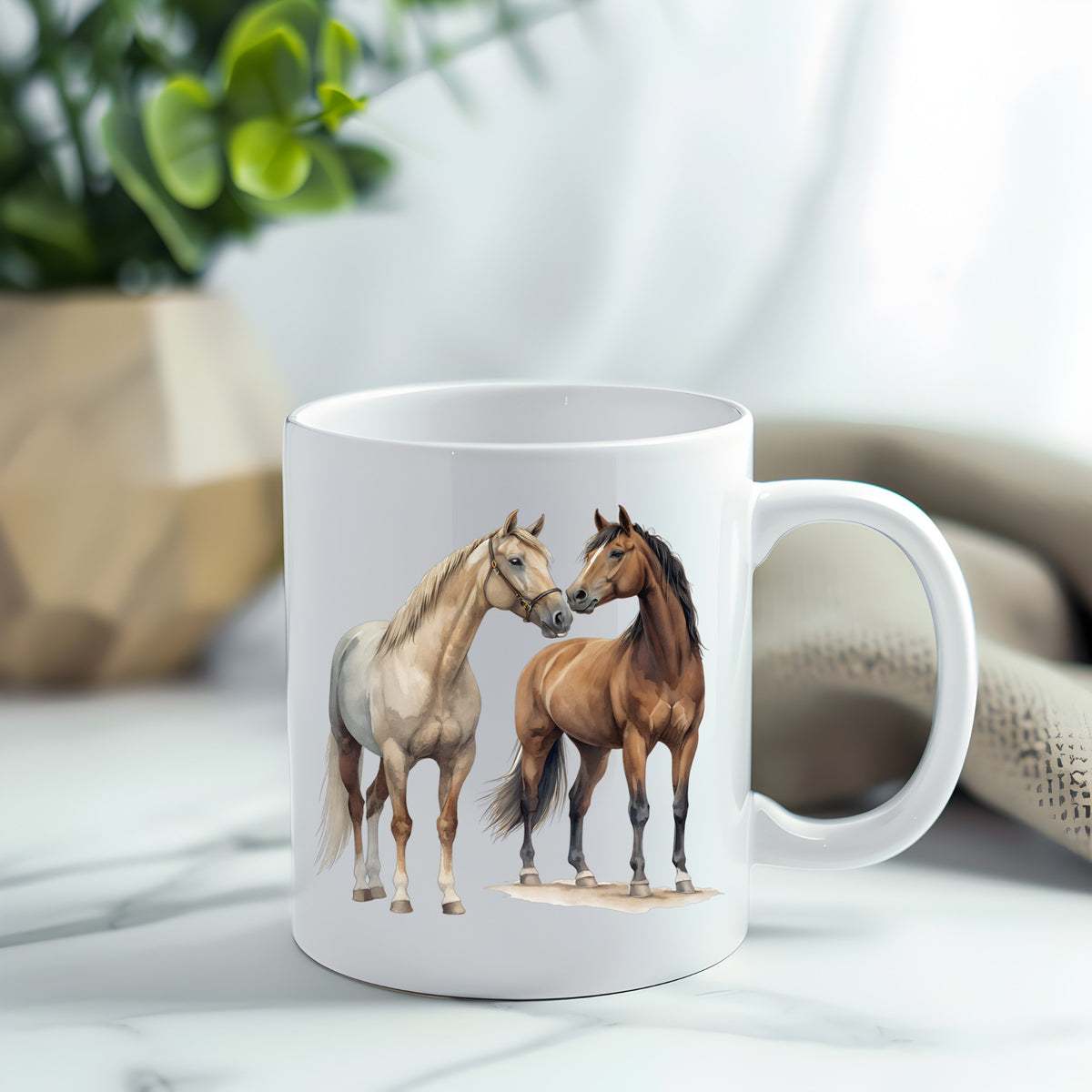 Two Horses Touching Noses UV DTF sticker applied to a white coffee mug