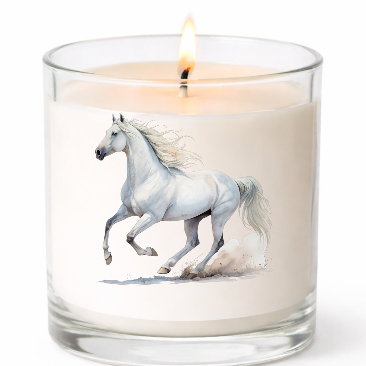 White Horse Galloping UV DTF sticker applied to a white candle in a clear glass jar