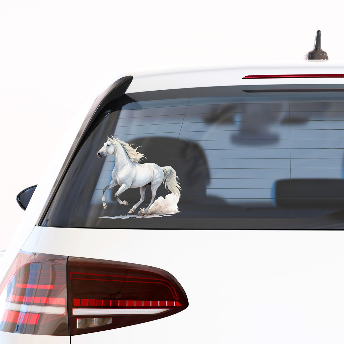 White Horse Galloping UV DTF sticker applied to the rear window of a white car