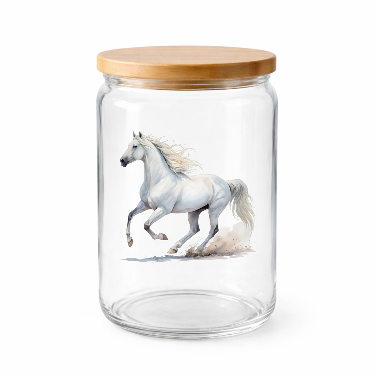 White Horse Galloping UV DTF sticker applied to a clear glass jar with a wooden lid