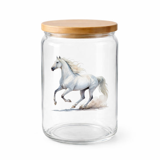 White Horse Galloping UV DTF sticker applied to a clear glass jar with a wooden lid