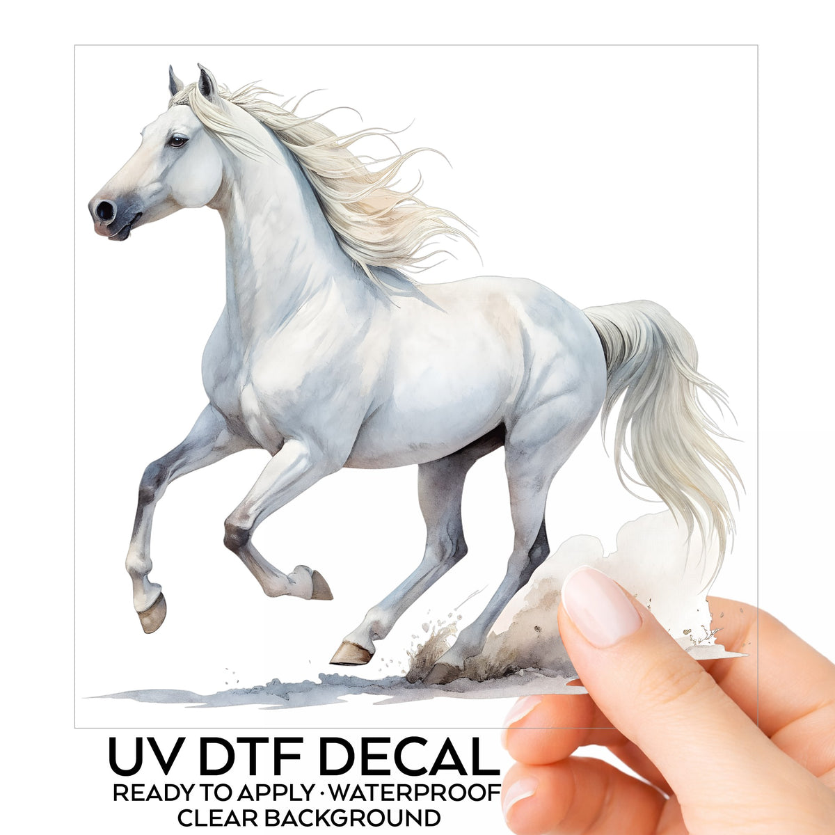 White Horse Galloping UV DTF sticker on its backing card, held in hand