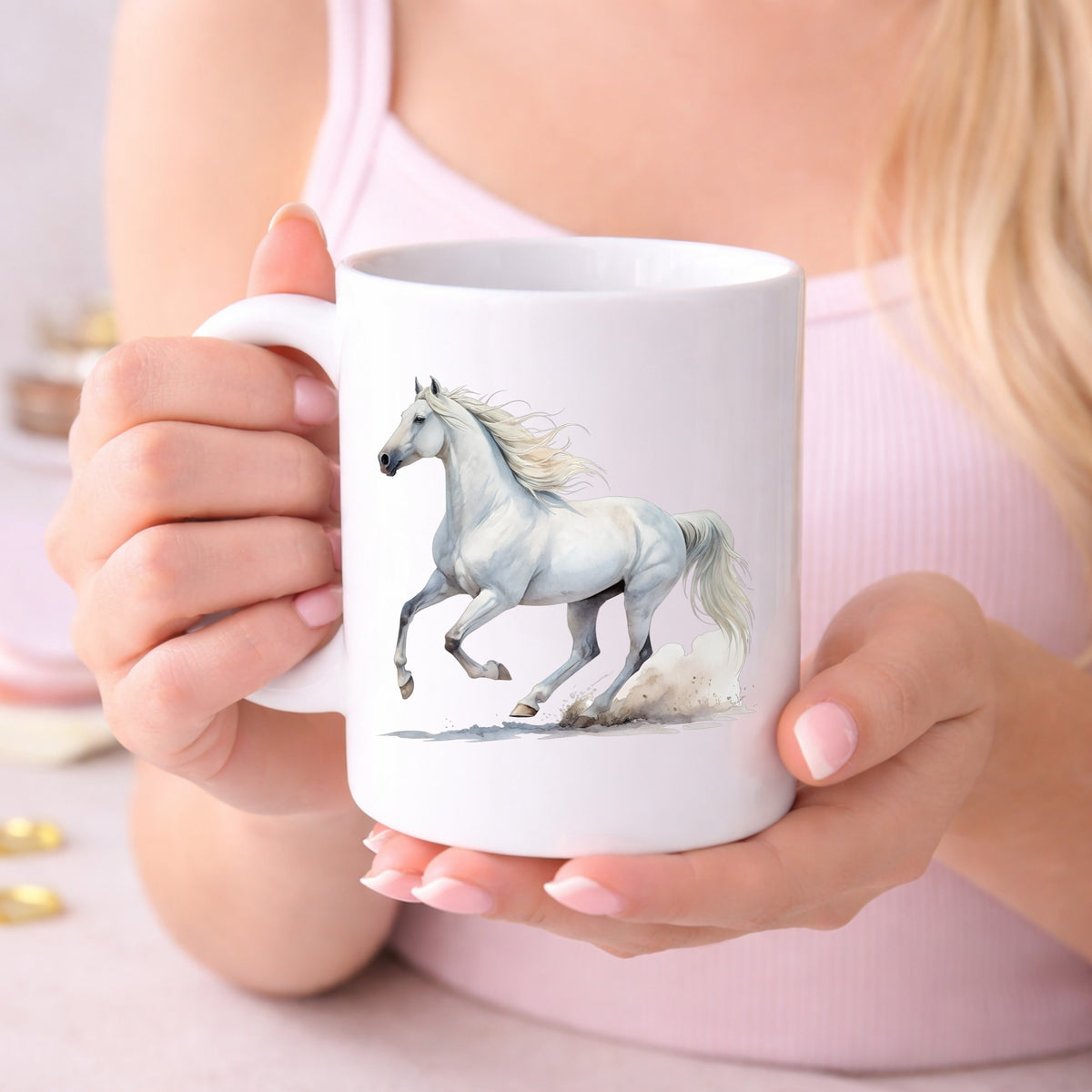 White Horse Galloping UV DTF sticker applied to a white coffee mug held in both hands