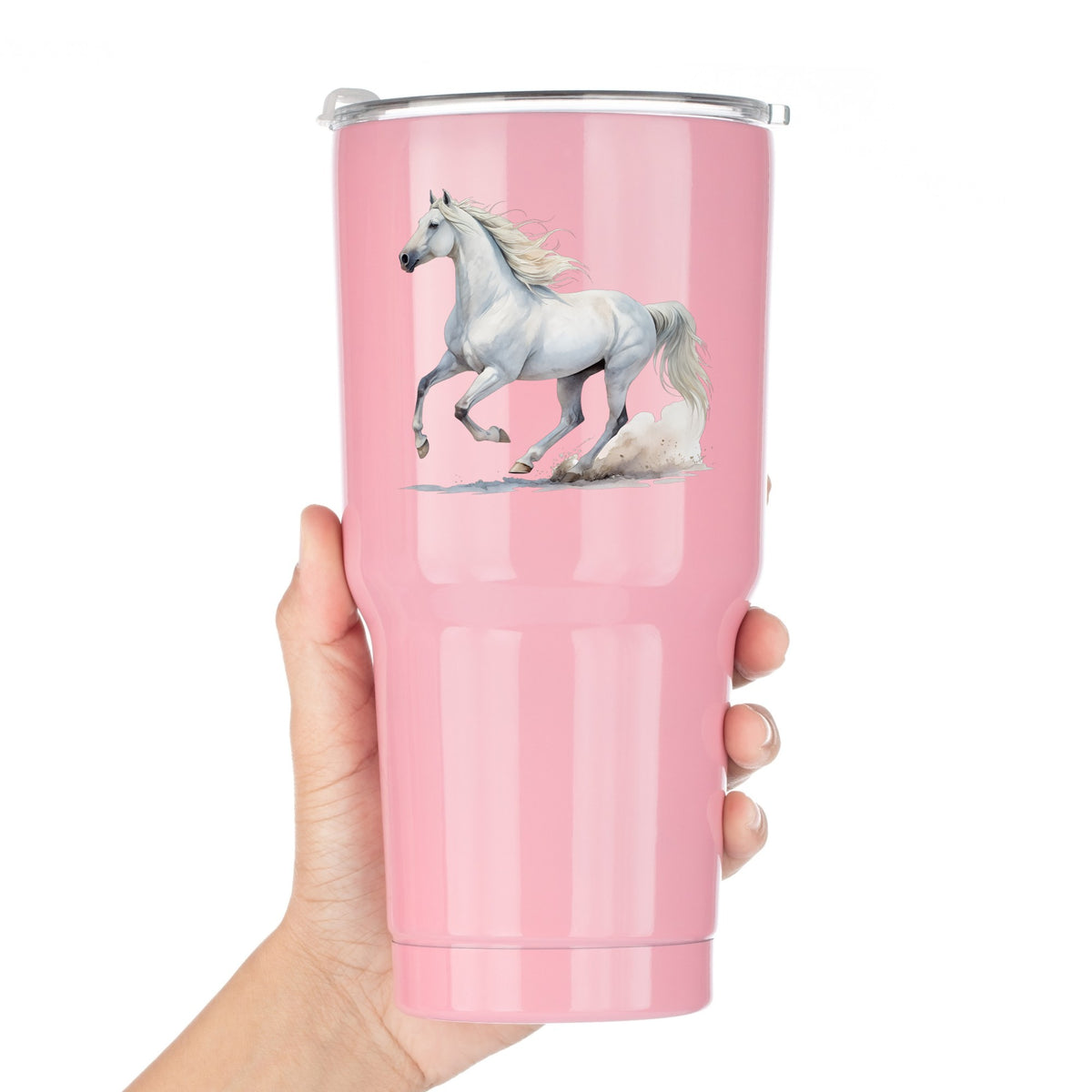 White Horse Galloping UV DTF sticker applied to a pink tumbler held against a white background