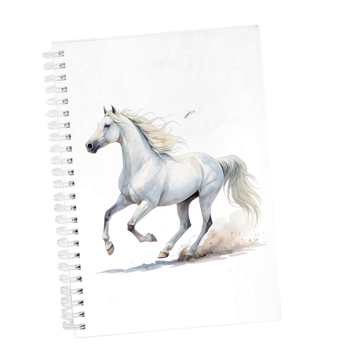 White Horse Galloping UV DTF sticker applied to the cover of a white spiral journal