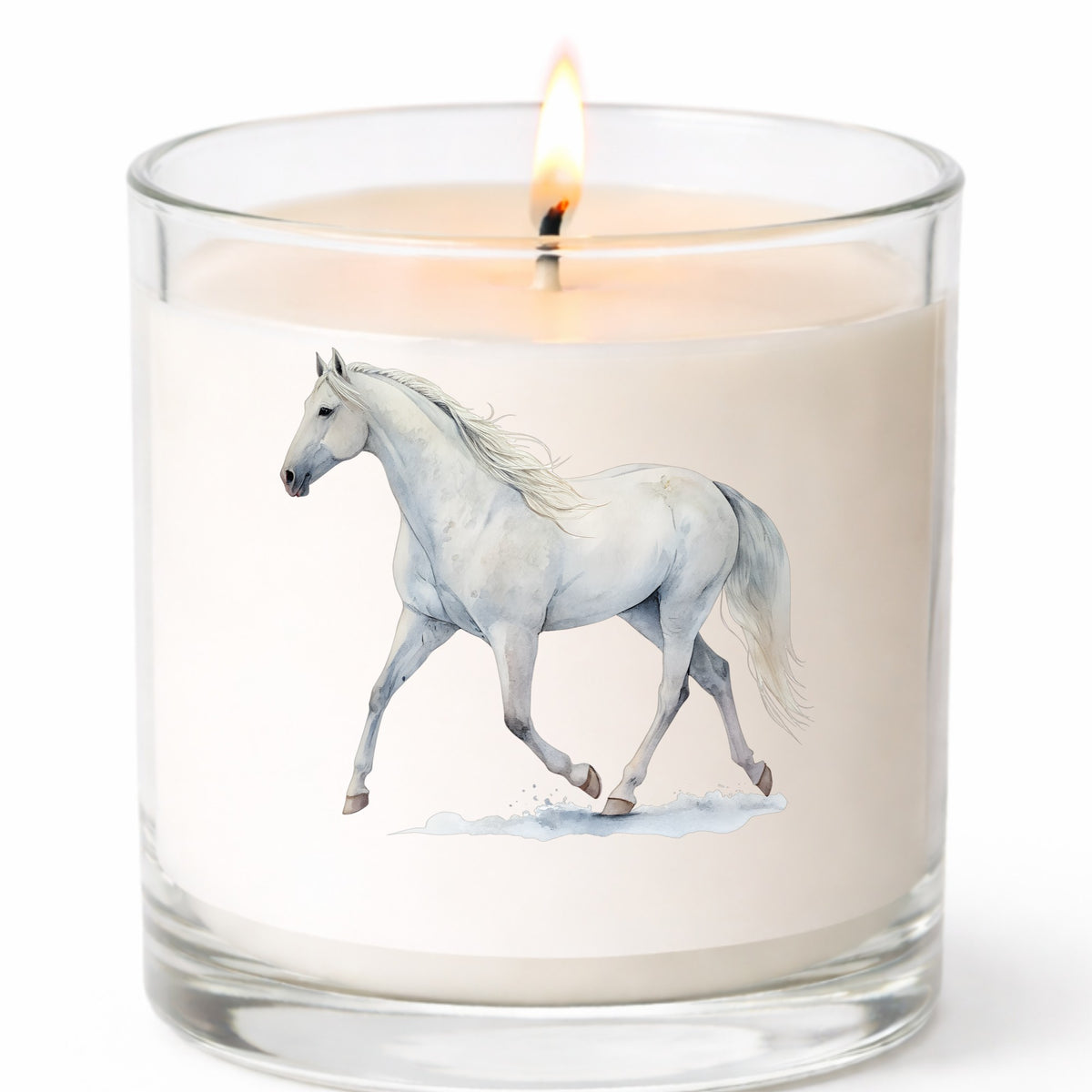 White Horse Walking UV DTF sticker applied to a white candle in a clear glass jar
