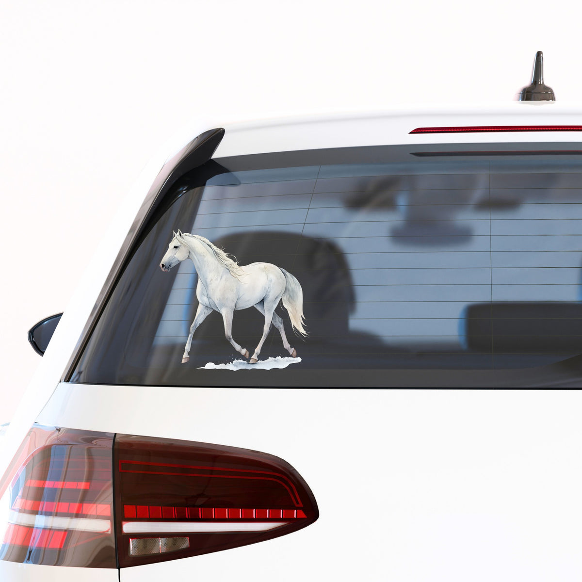 White Horse Walking UV DTF sticker applied to the rear window of a white car