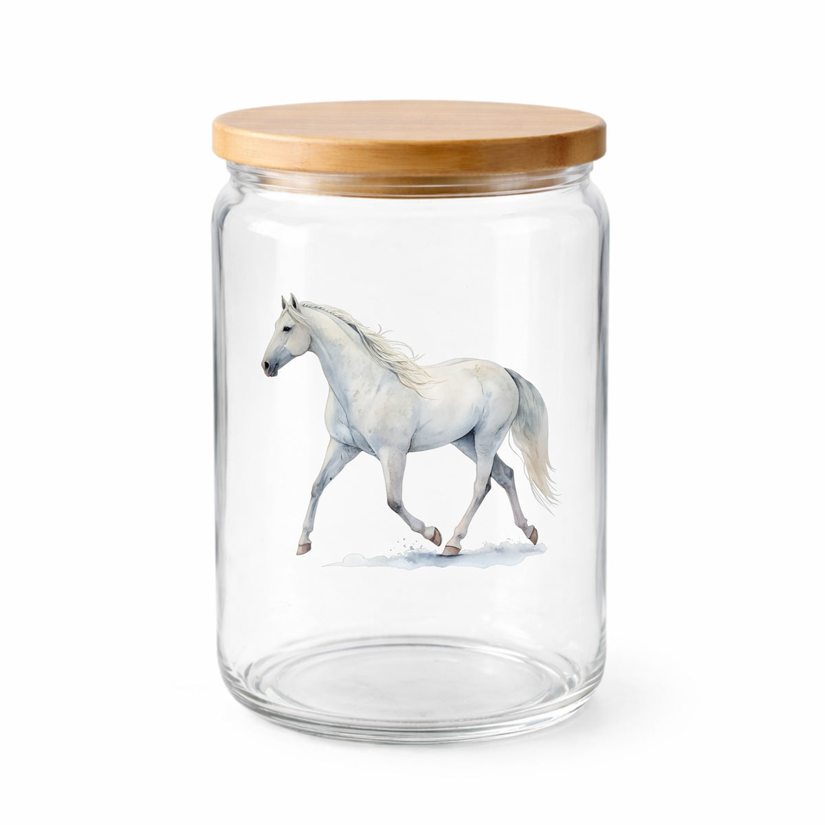 White Horse Walking UV DTF sticker applied to a clear glass jar with a wooden lid