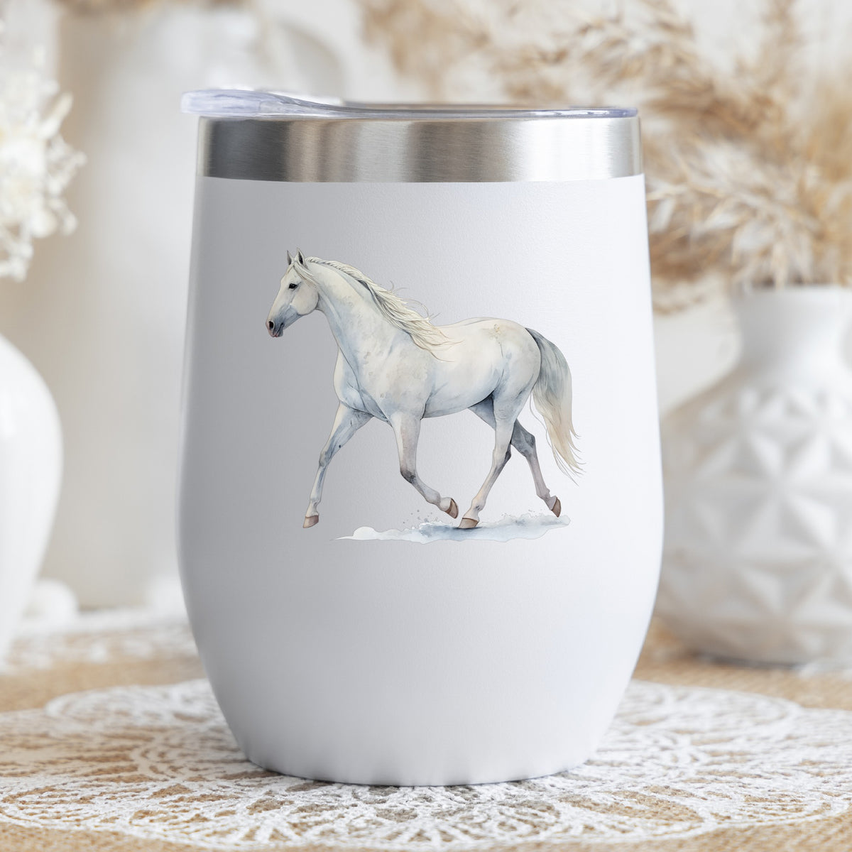White Horse Walking UV DTF sticker applied to a white stemless tumbler with a lid