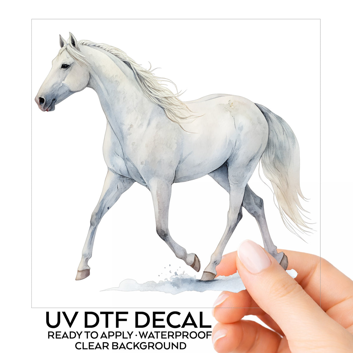 White Horse Walking UV DTF sticker on its backing card, held in hand