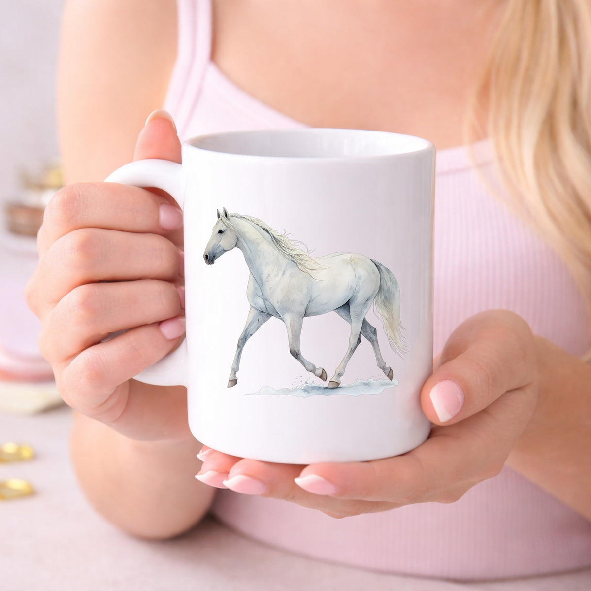 White Horse Walking UV DTF sticker applied to a white coffee mug held in both hands