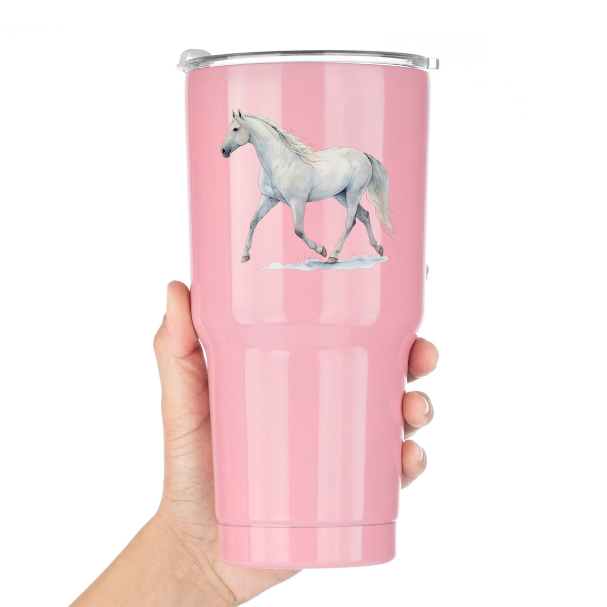 White Horse Walking UV DTF sticker applied to a pink tumbler held against a white background