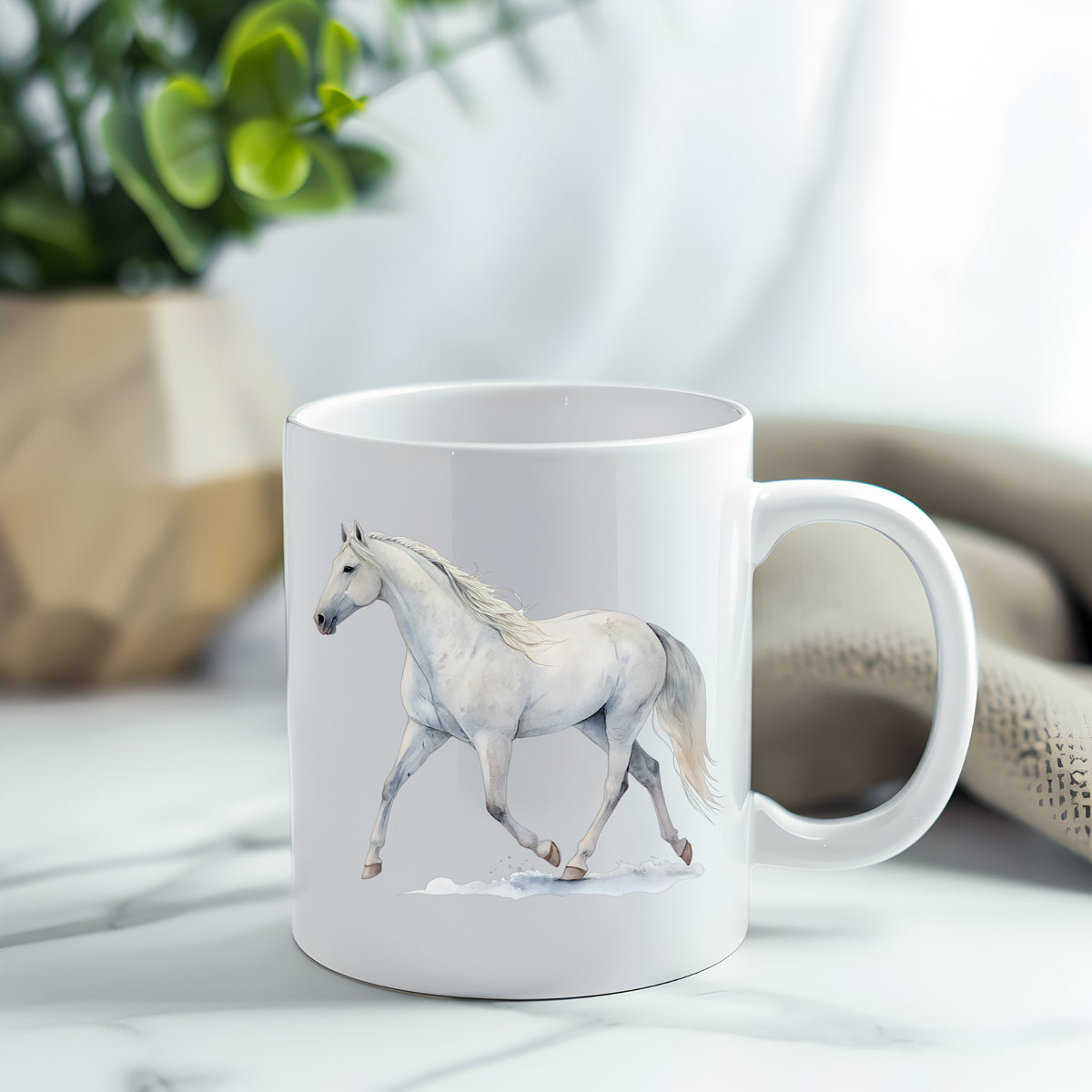 White Horse Walking UV DTF sticker applied to a white coffee mug