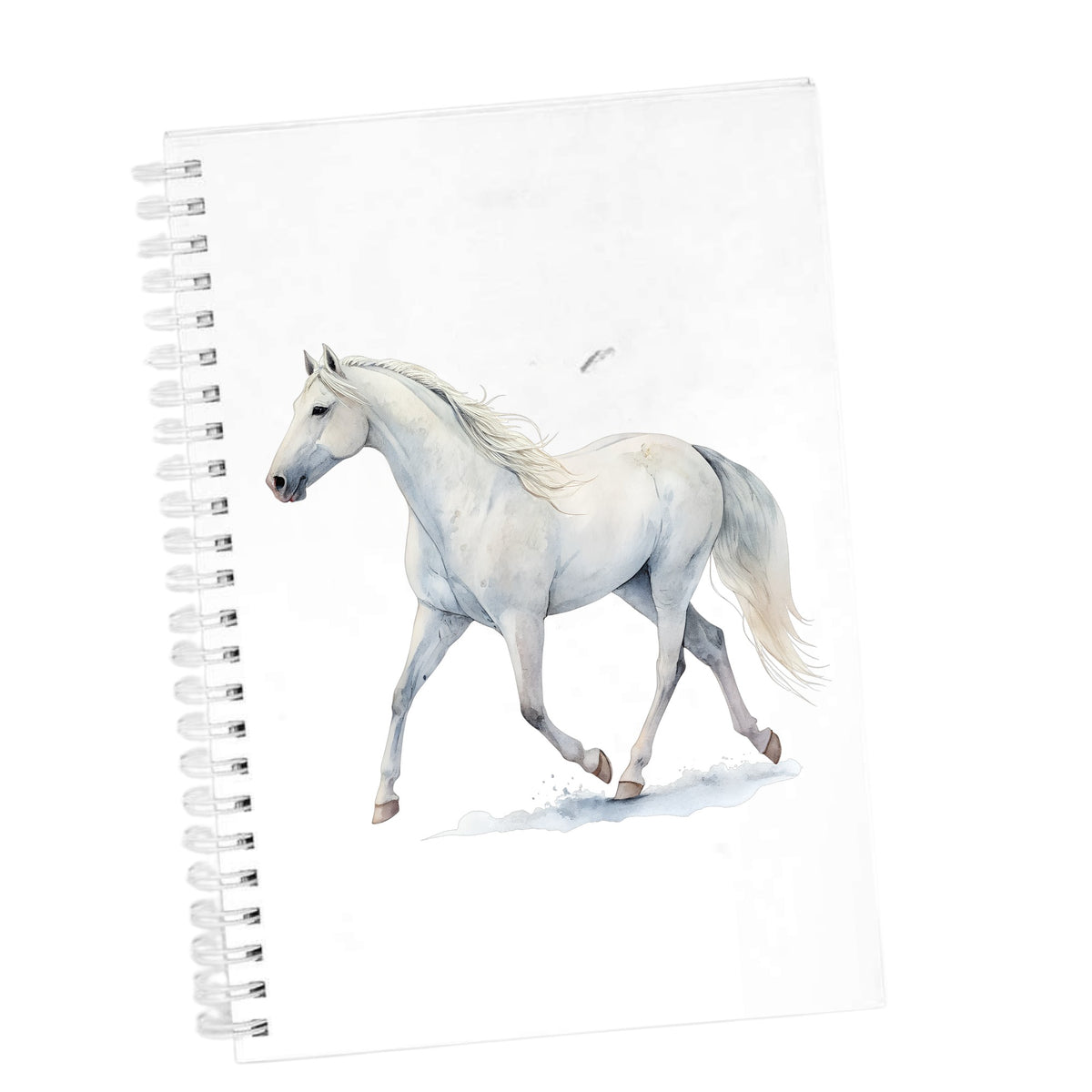 White Horse Walking UV DTF sticker applied to the cover of a white spiral journal