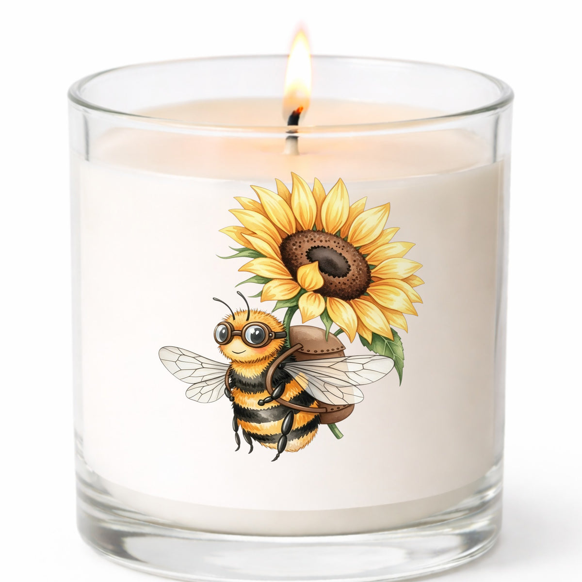 Bee Carrying Sunflower UV DTF sticker applied to a white candle in a clear glass jar