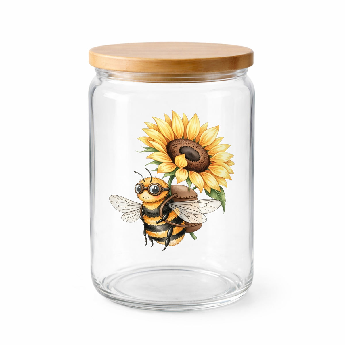 Bee Carrying Sunflower UV DTF sticker applied to a clear glass jar with a wooden lid