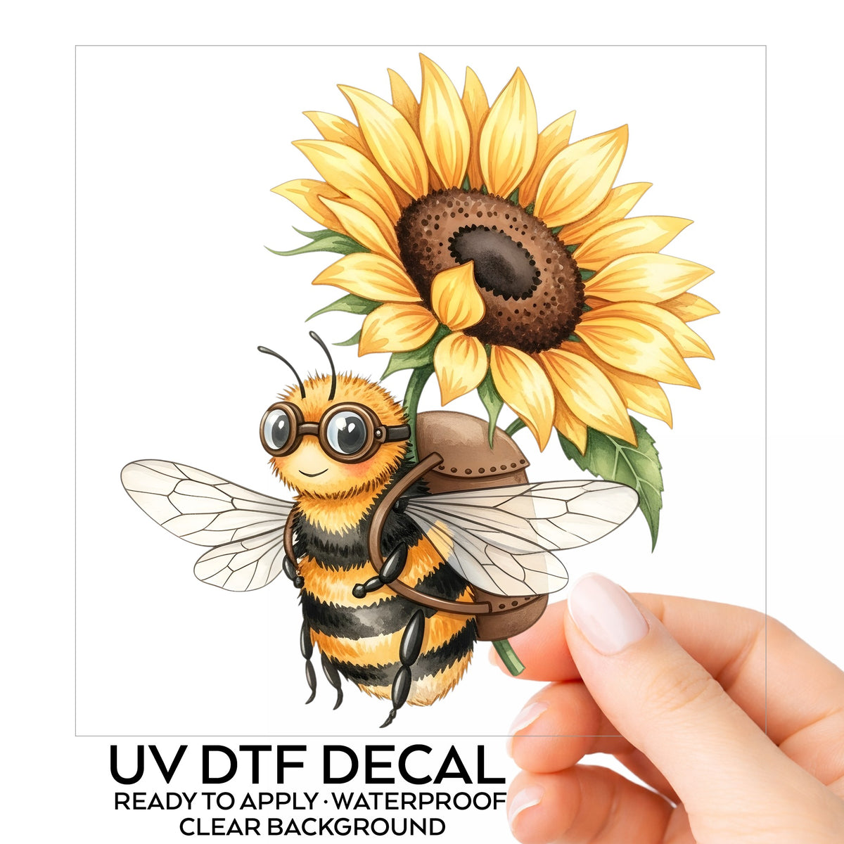 Bee Carrying Sunflower UV DTF sticker on its backing card, held in hand