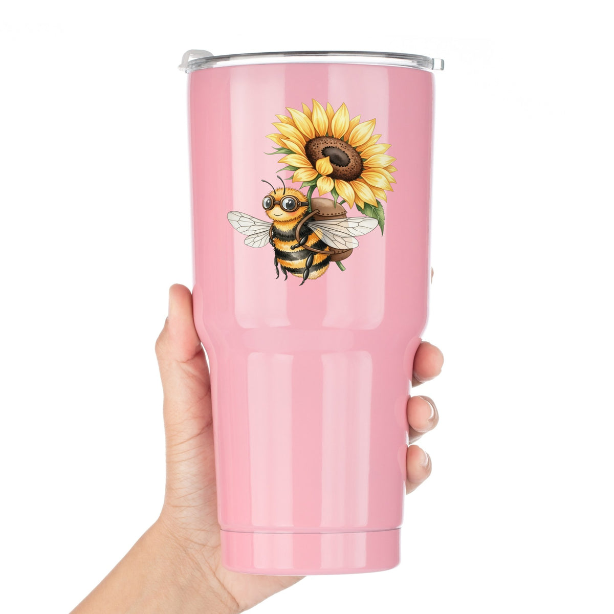 Bee Carrying Sunflower UV DTF sticker applied to a pink tumbler held against a white background