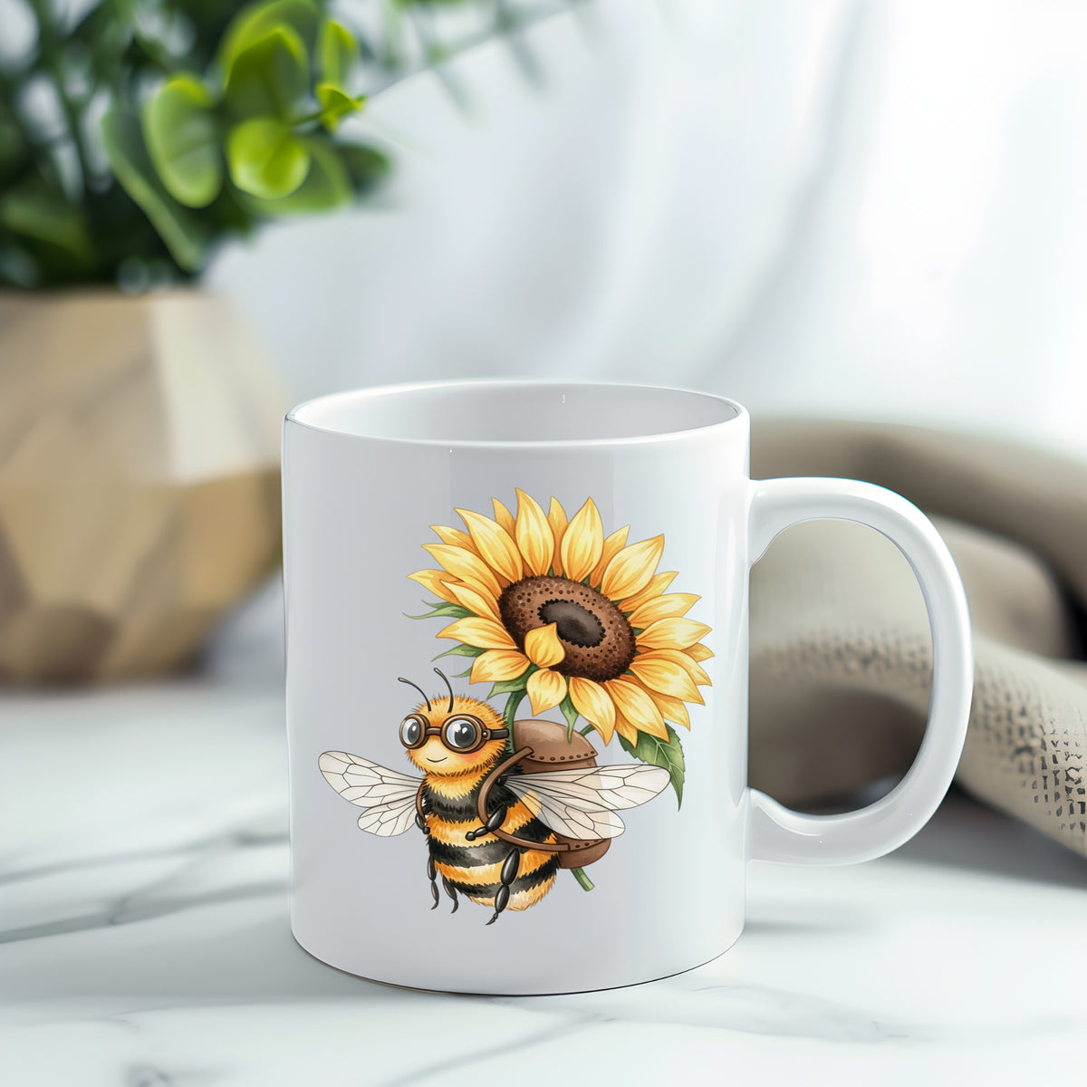 Bee Carrying Sunflower UV DTF sticker applied to a white coffee mug