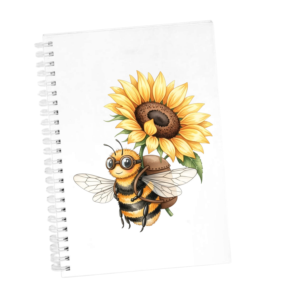 Bee Carrying Sunflower UV DTF sticker applied to the cover of a white spiral journal