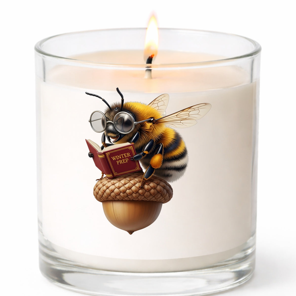 Bee Reading Book On Acorn UV DTF sticker applied to a white candle in a clear glass jar