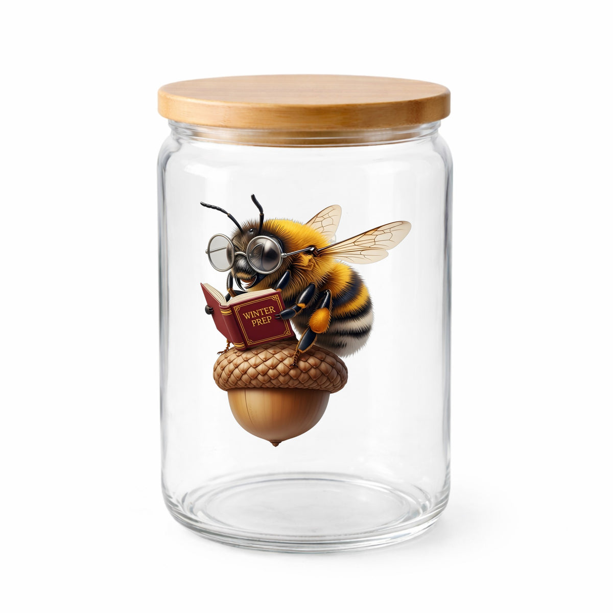 Bee Reading Book On Acorn UV DTF sticker applied to a clear glass jar with a wooden lid