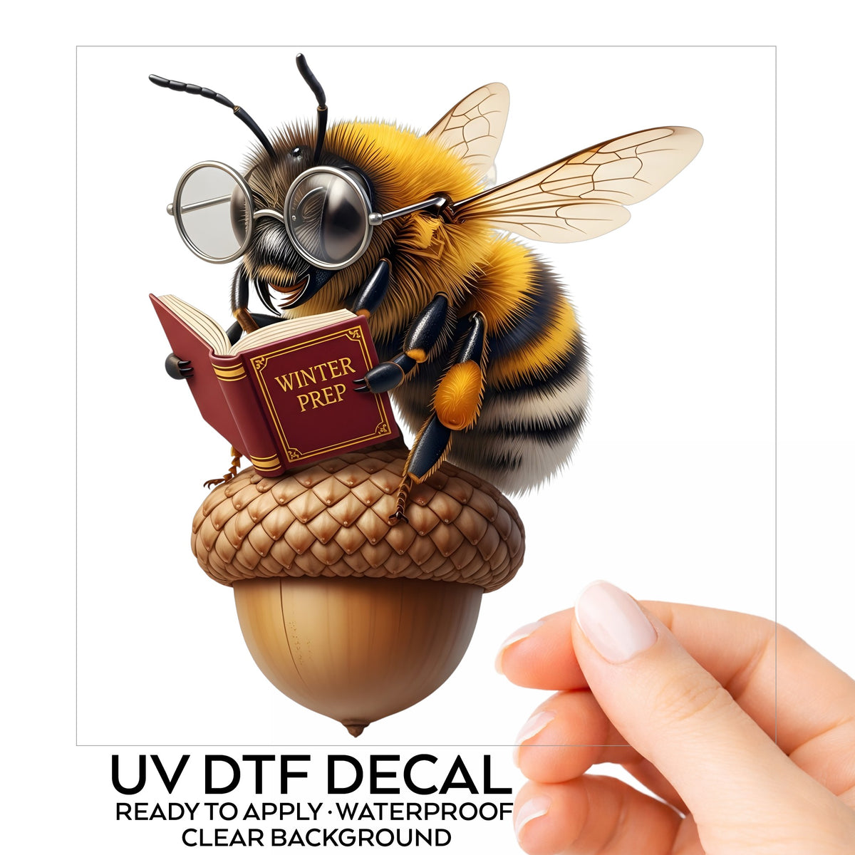 Bee Reading Book On Acorn UV DTF sticker on its backing card, held in hand
