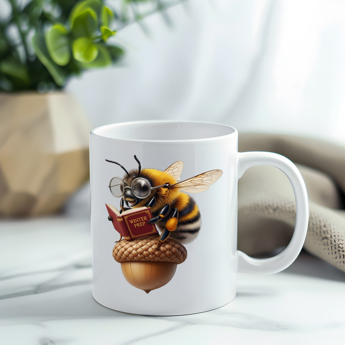 Bee Reading Book On Acorn UV DTF sticker applied to a white coffee mug