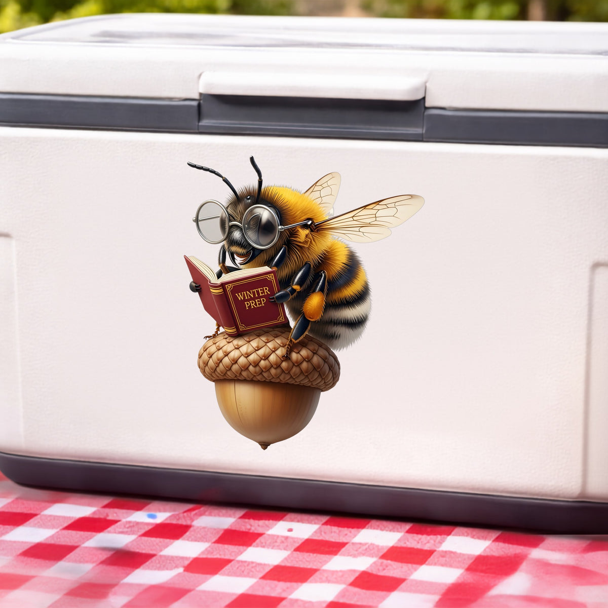 Bee Reading Book On Acorn UV DTF sticker applied to a white cooler on a red gingham cloth