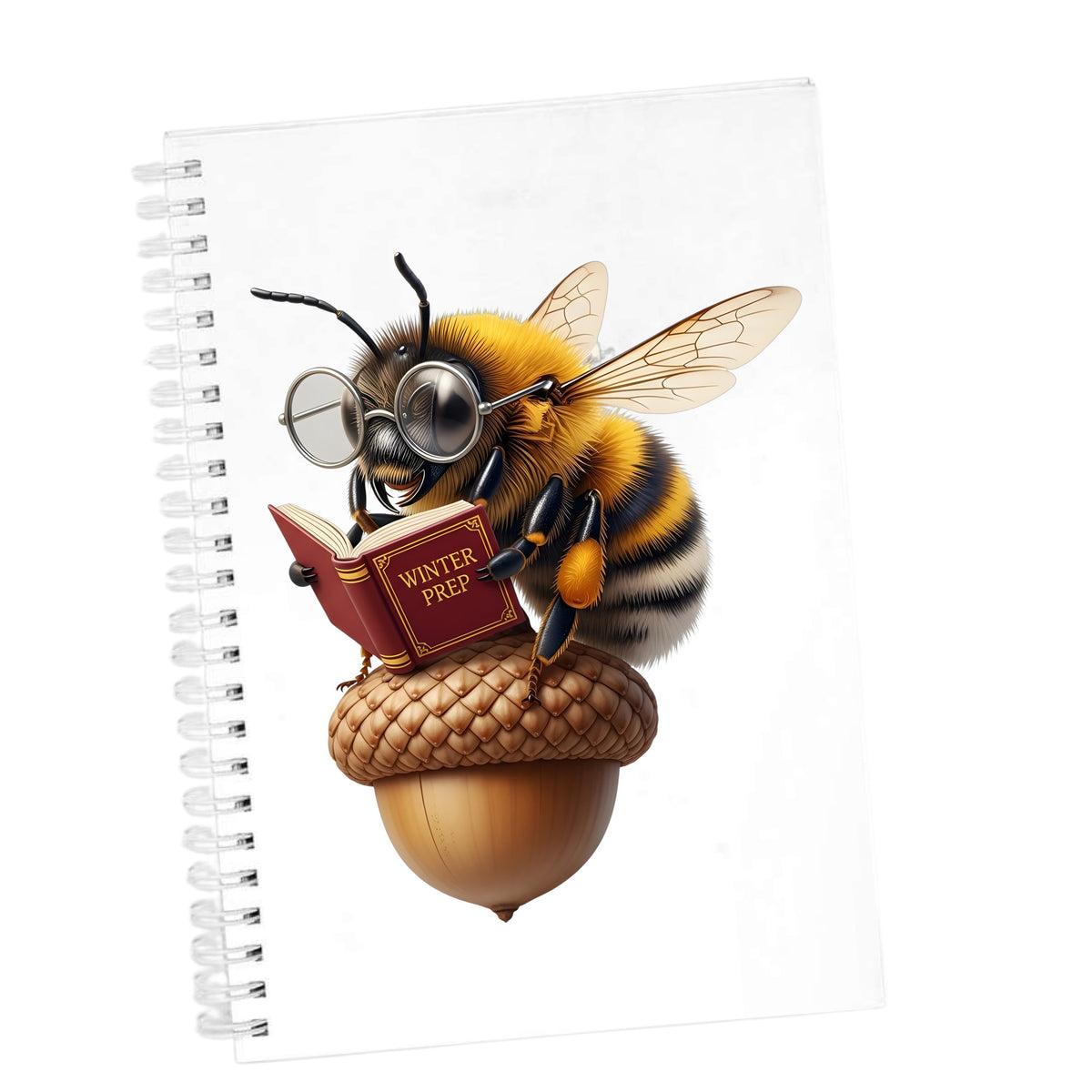 Bee Reading Book On Acorn UV DTF sticker applied to the cover of a white spiral journal