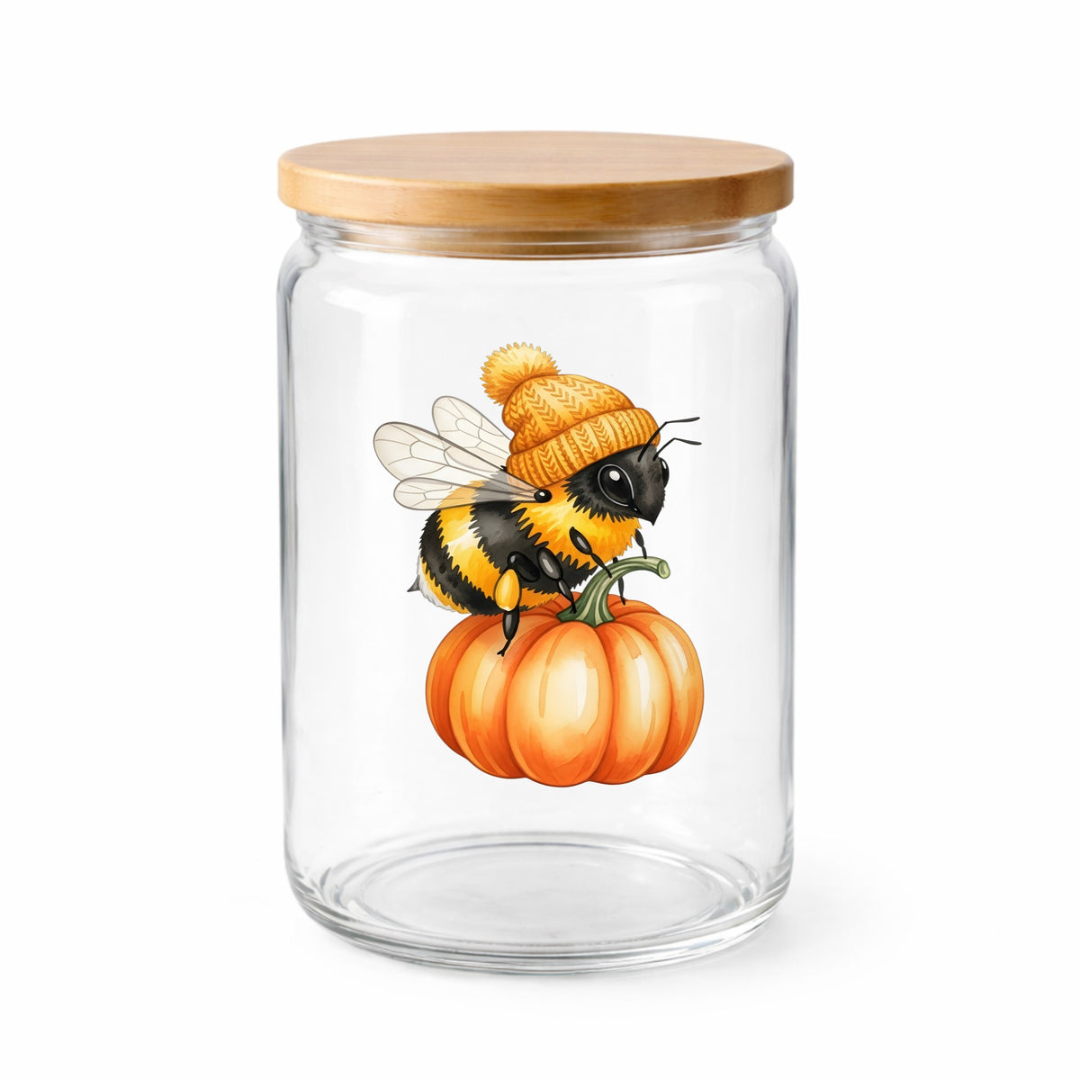 Bee In Orange Beanie On Pumpkin UV DTF sticker applied to a clear glass jar with a wooden lid