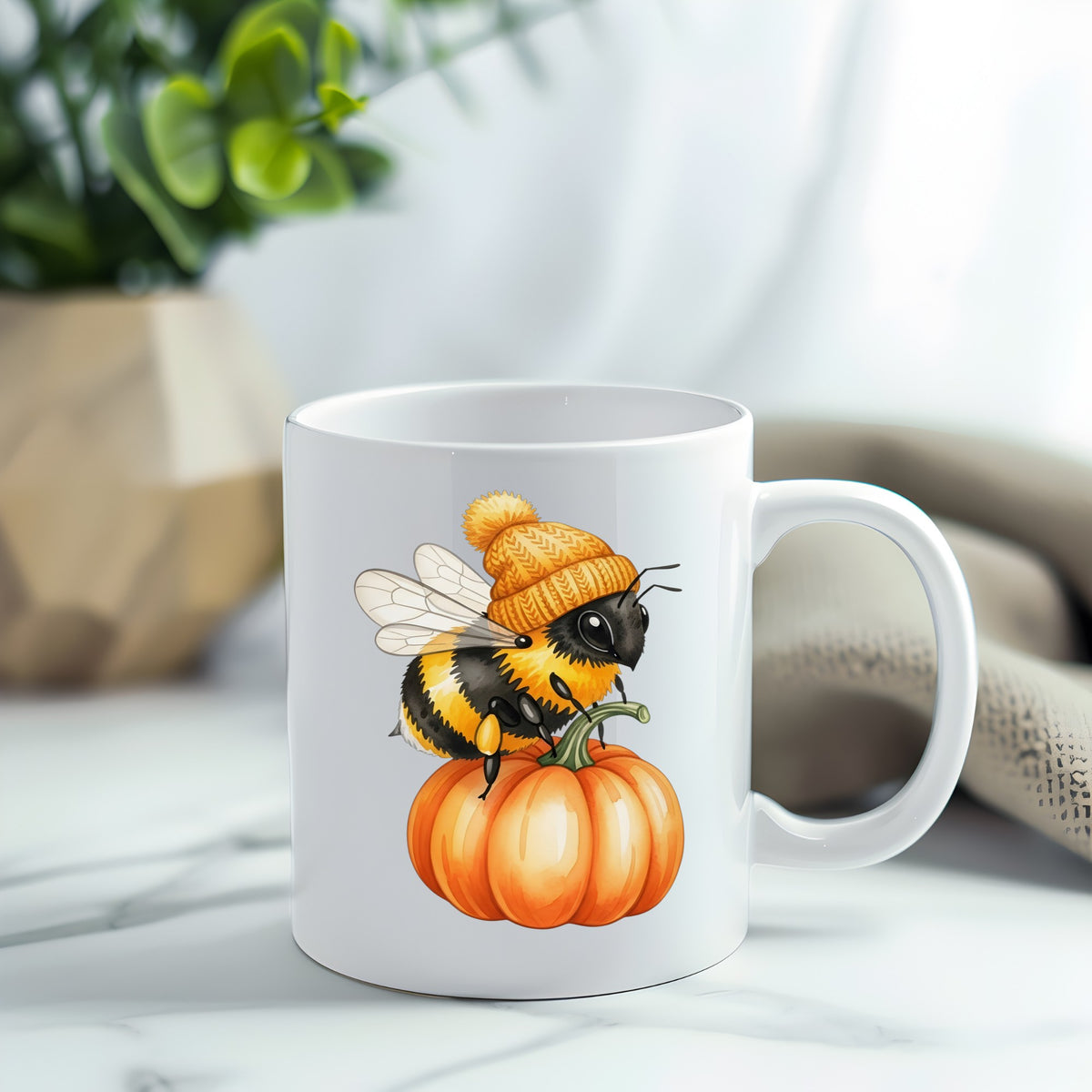 Bee In Orange Beanie On Pumpkin UV DTF sticker applied to a white coffee mug