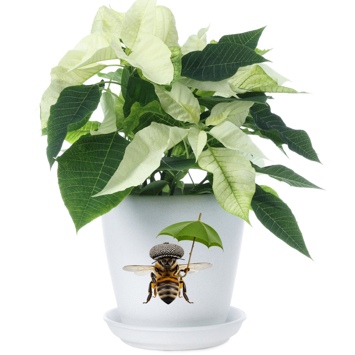 Bee In Flat Cap With Leaf Umbrella UV DTF sticker applied to a white flower pot