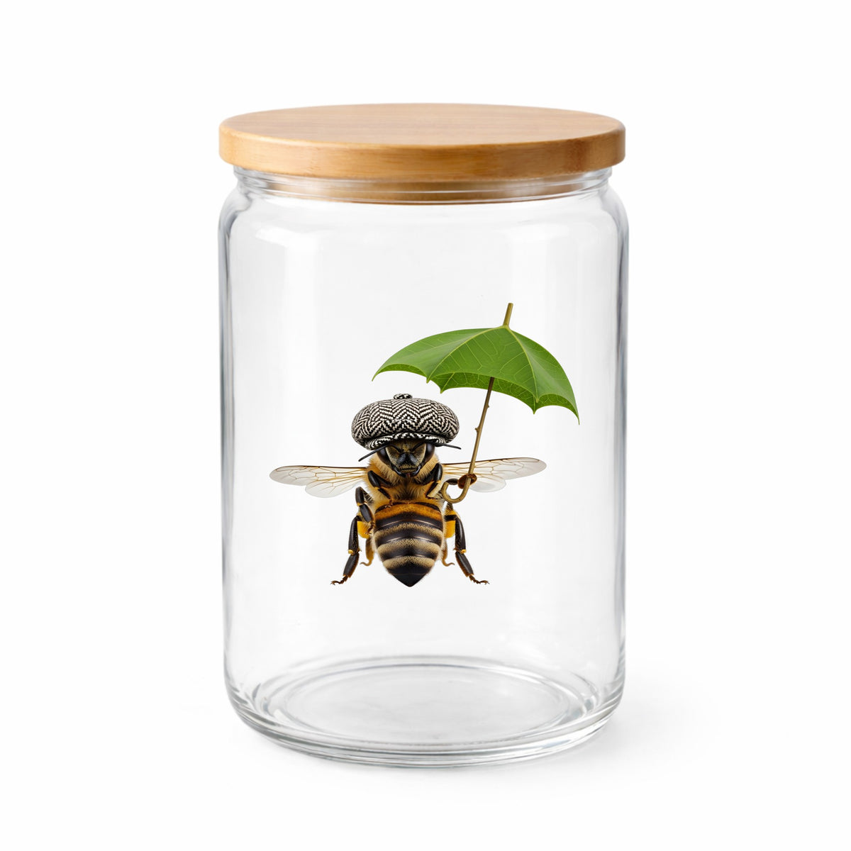 Bee In Flat Cap With Leaf Umbrella UV DTF sticker applied to a clear glass jar with a wooden lid
