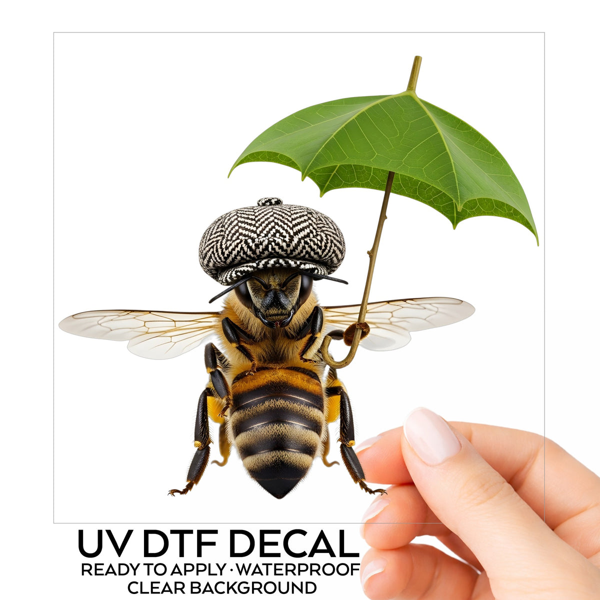 Bee In Flat Cap With Leaf Umbrella UV DTF sticker on its backing card, held in hand
