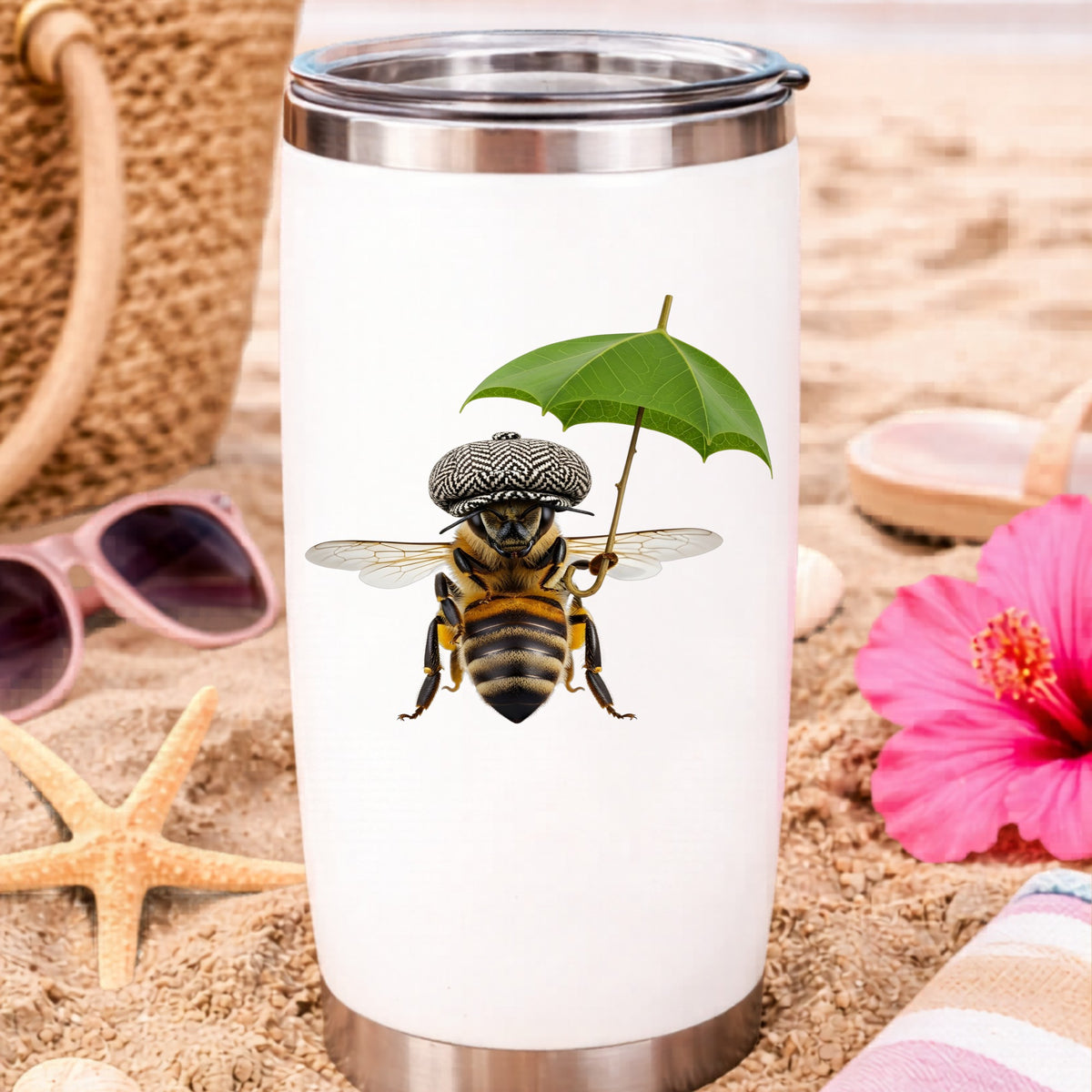 Bee In Flat Cap With Leaf Umbrella UV DTF sticker applied to a white travel tumbler on beach sand