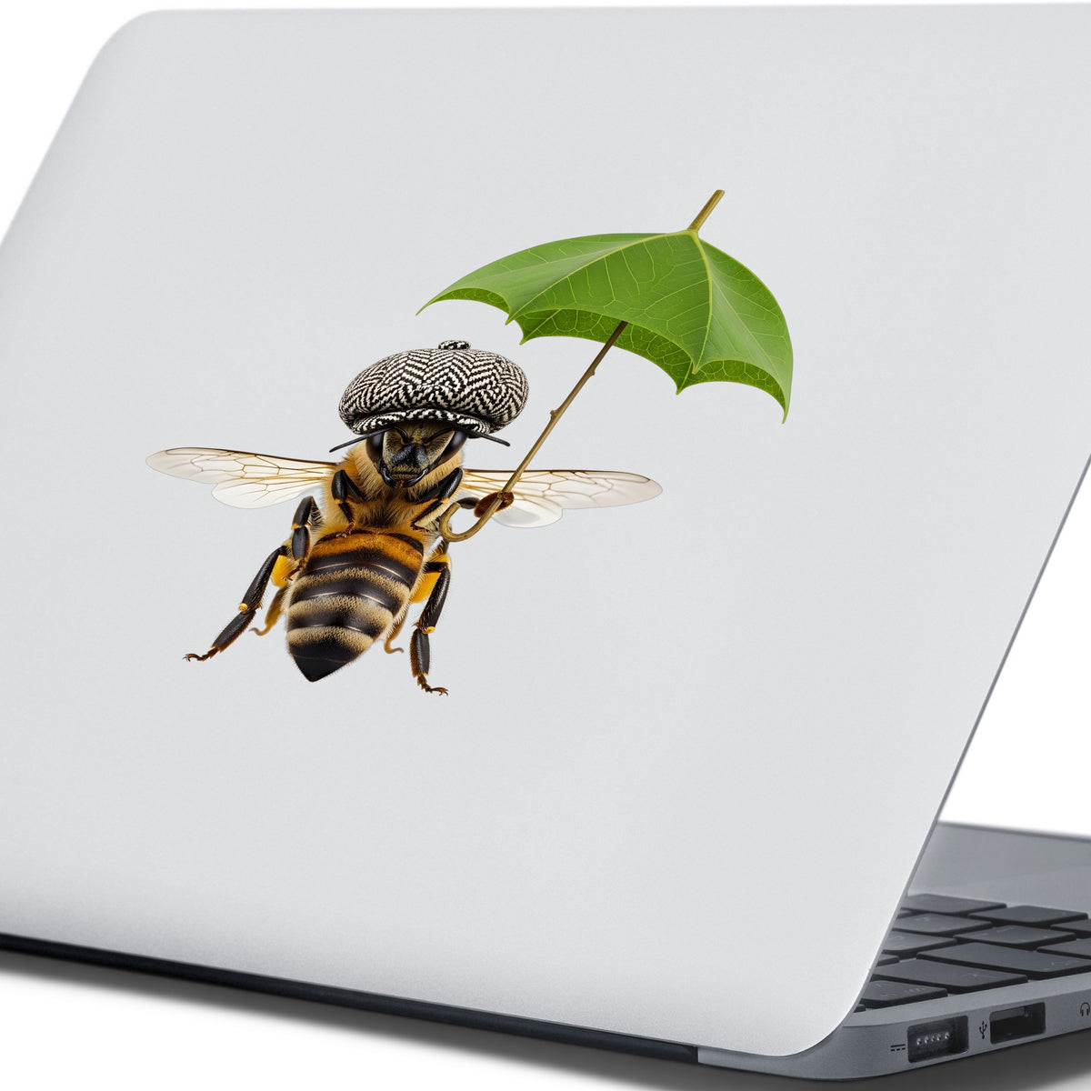 Bee In Flat Cap With Leaf Umbrella UV DTF sticker applied to the lid of a silver laptop