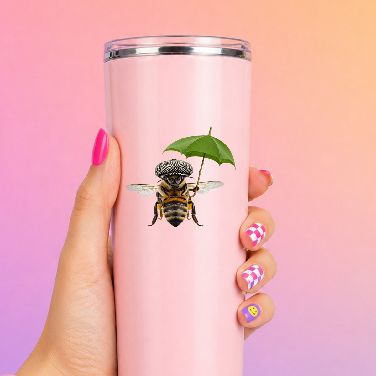 Bee In Flat Cap With Leaf Umbrella UV DTF sticker applied to a tall pink tumbler on a pink and orange background