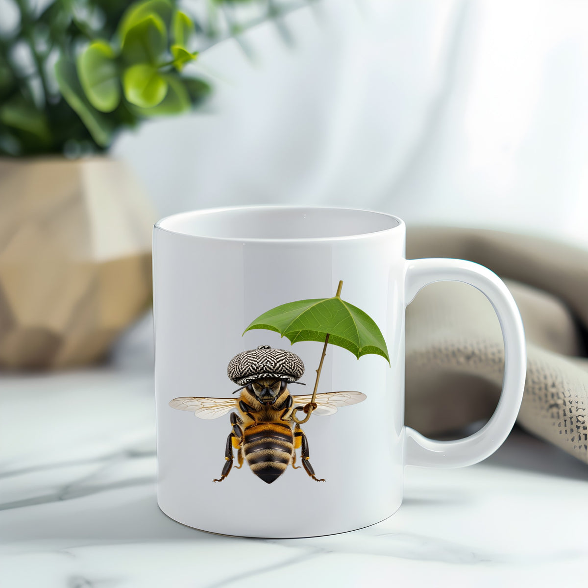 Bee In Flat Cap With Leaf Umbrella UV DTF sticker applied to a white coffee mug
