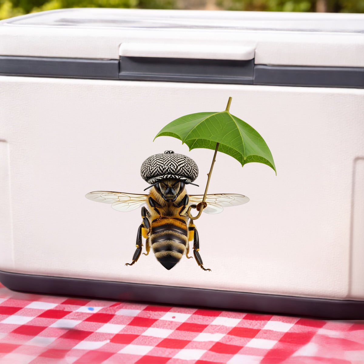 Bee In Flat Cap With Leaf Umbrella UV DTF sticker applied to a white cooler on a red gingham cloth