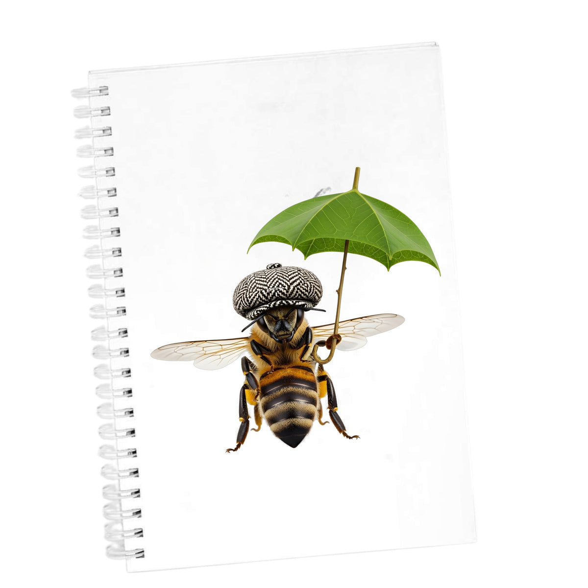 Bee In Flat Cap With Leaf Umbrella UV DTF sticker applied to the cover of a white spiral journal
