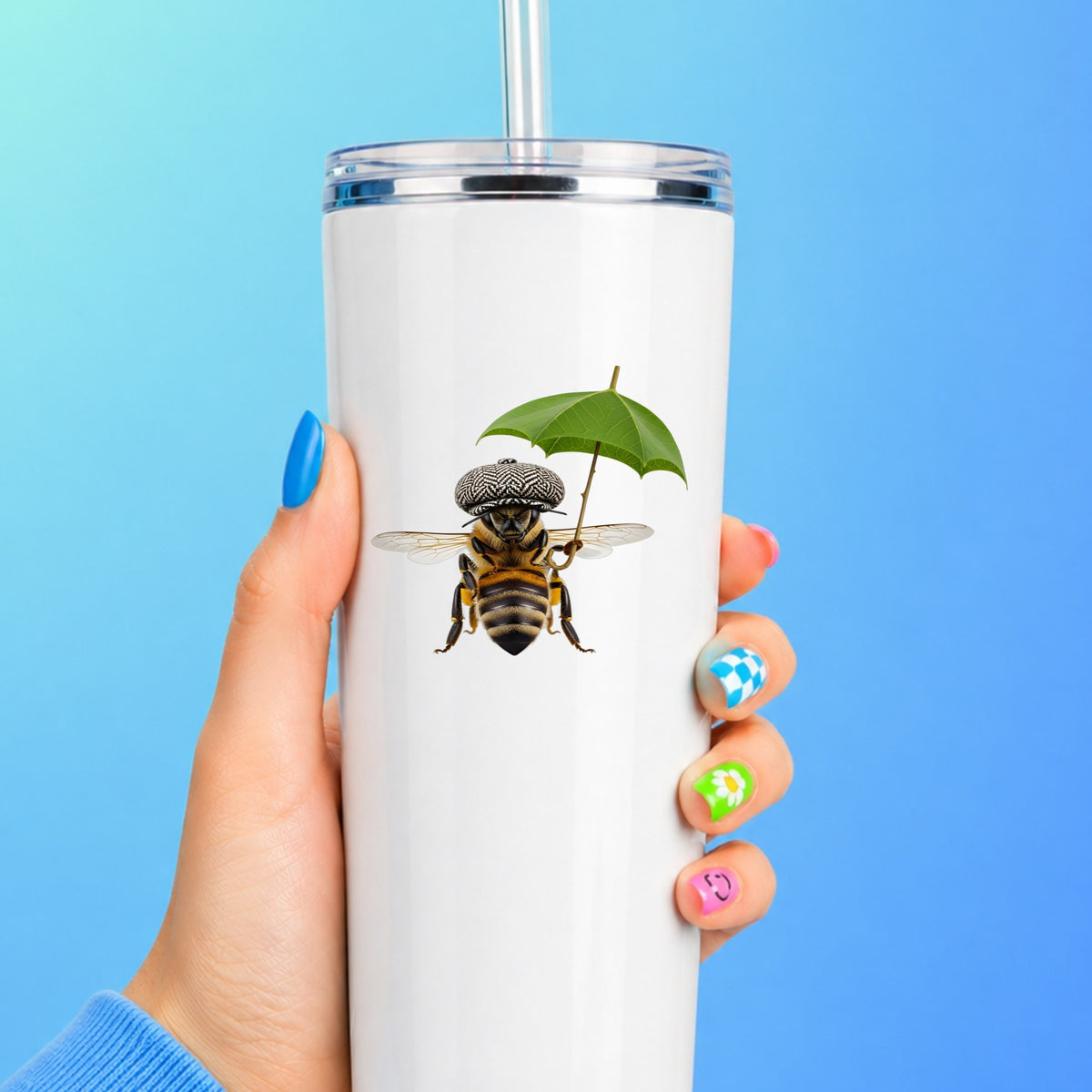 Bee In Flat Cap With Leaf Umbrella UV DTF sticker applied to a white straw tumbler on a blue background