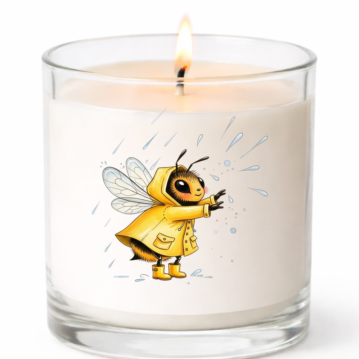 Bee In Yellow Raincoat UV DTF sticker applied to a white candle in a clear glass jar