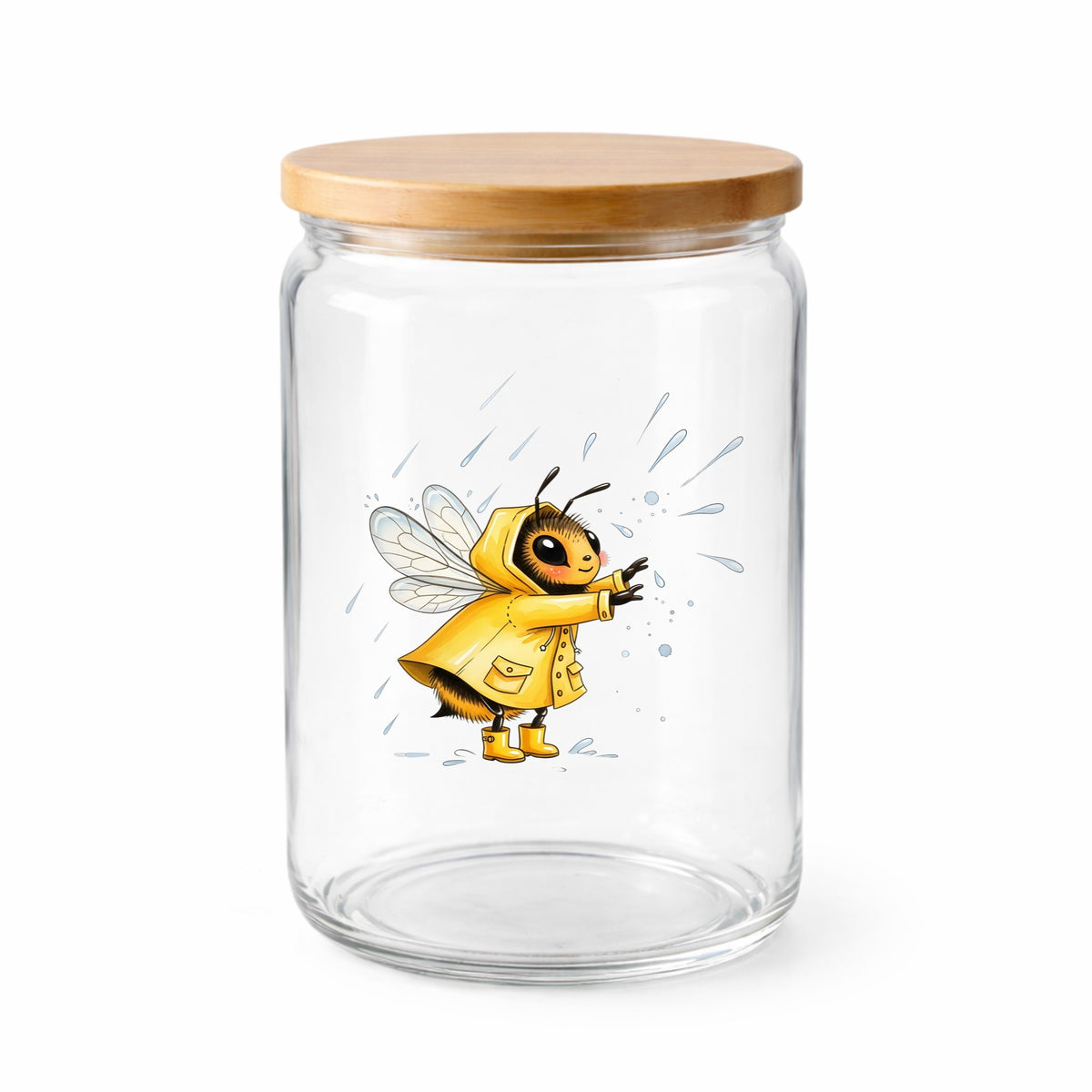 Bee In Yellow Raincoat UV DTF sticker applied to a clear glass jar with a wooden lid