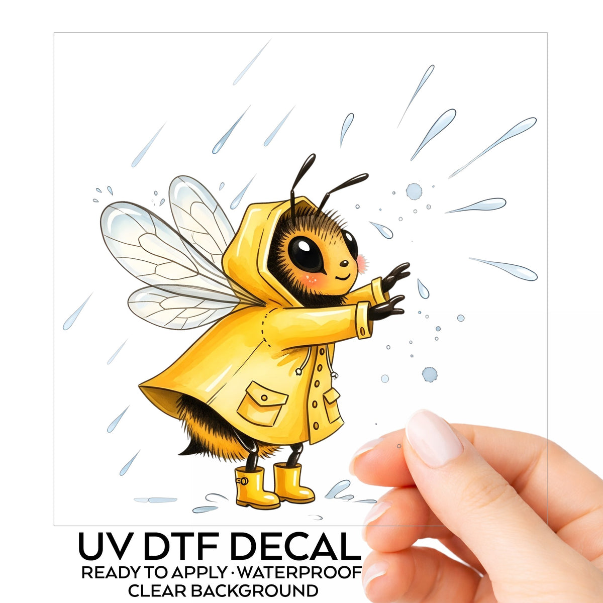Bee In Yellow Raincoat UV DTF sticker on its backing card, held in hand