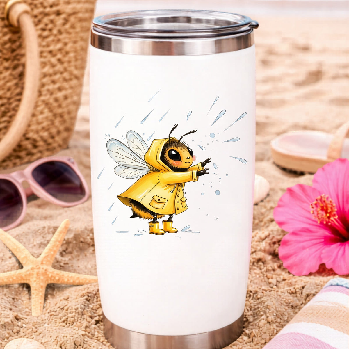 Bee In Yellow Raincoat UV DTF sticker applied to a white travel tumbler on beach sand